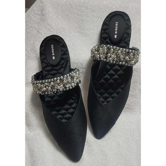 NWT Women's Birdies The Swan Black Satin Jacquard Beaded Cuff size 11 Glam - Picture 4 of 6